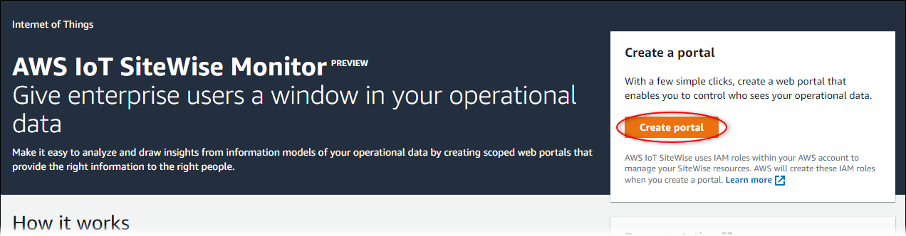 La página de AWS IoT SiteWise Monitor introducción con la opción Crear portal resaltada.