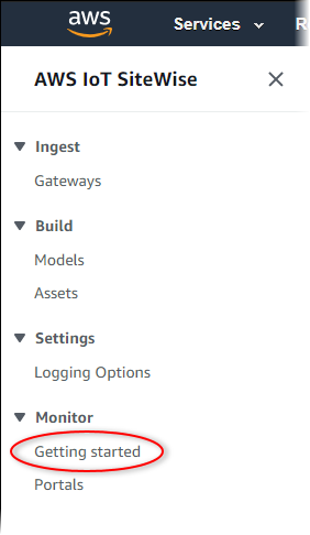 El panel de navegación izquierdo de la AWS IoT SiteWise consola con la opción Primeros pasos resaltada.