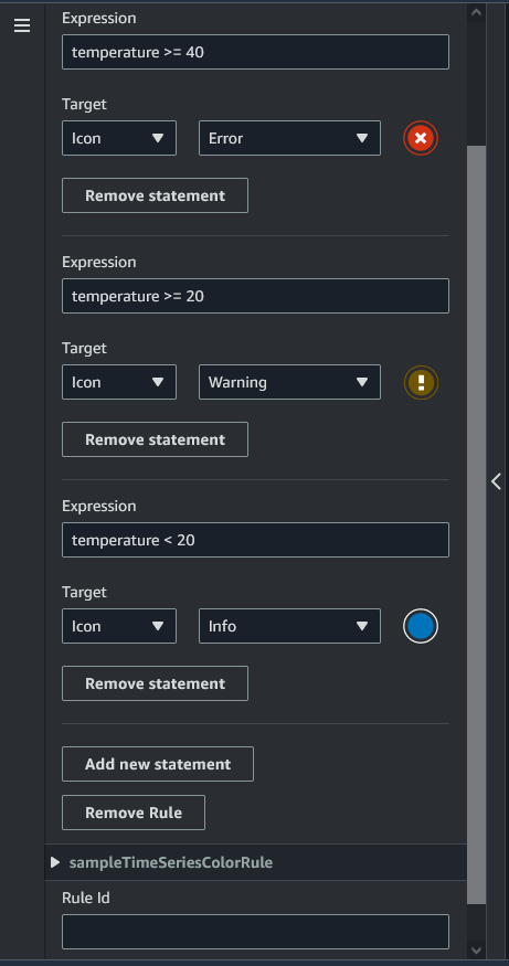 Ejemplos de reglas visuales con expresiones basadas en la temperatura que activan iconos de error, advertencia e información.