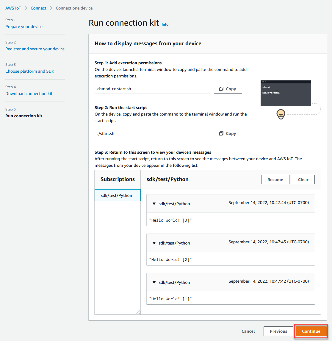 AWS IoT página de inicio rápido y finalización de la consola.