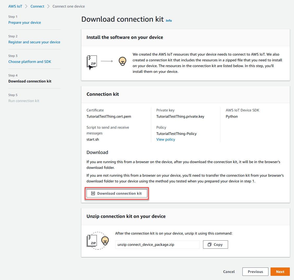 Esta es la página de la AWS IoT consola para descargar el archivo de certificado.