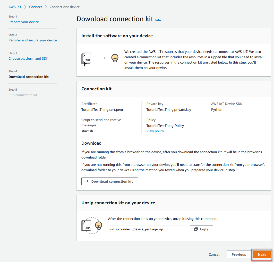 AWS IoT página de descarga del archivo de certificado de consola tras descargar el kit de conexión.