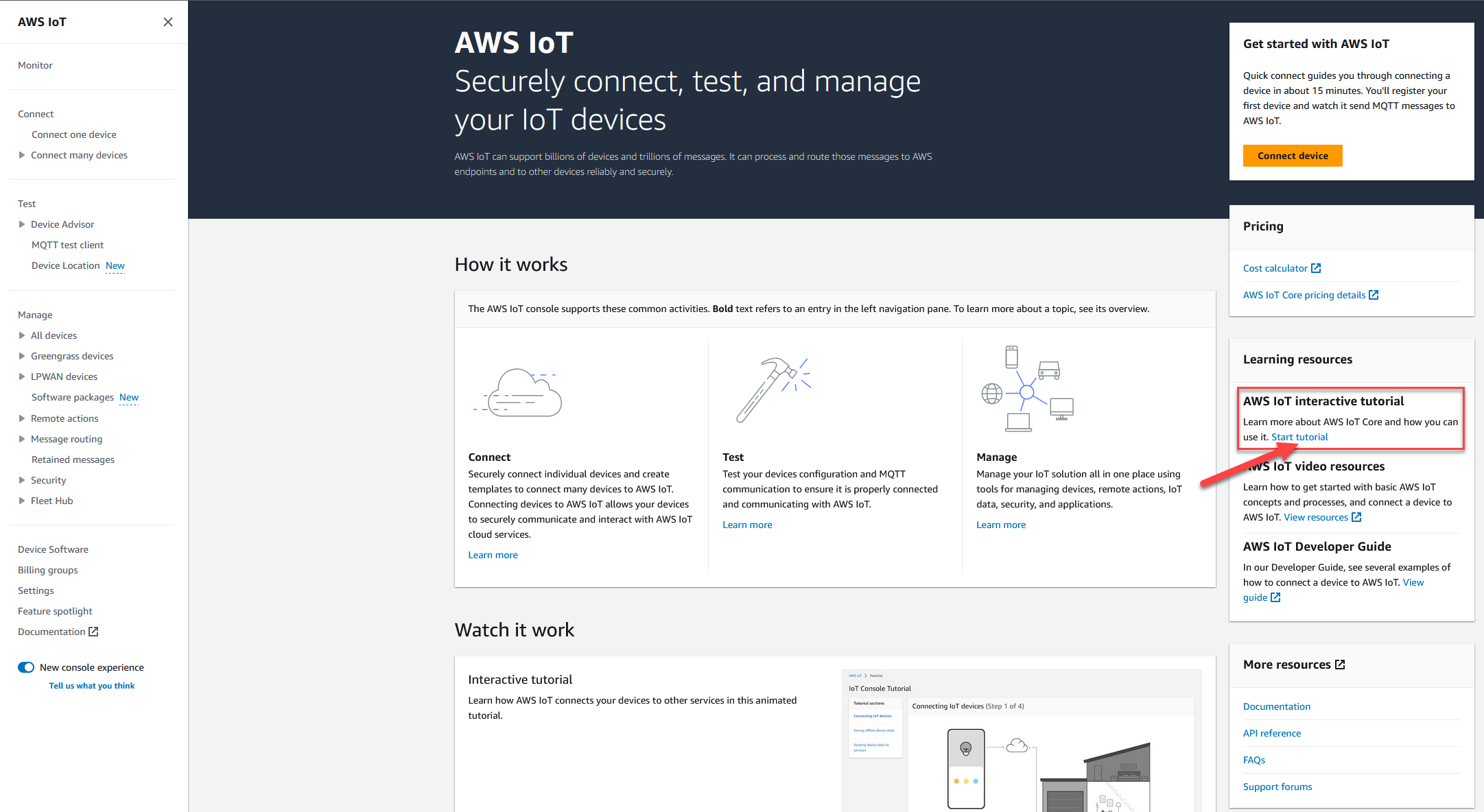 Esta es la página de inicio de la AWS IoT consola.