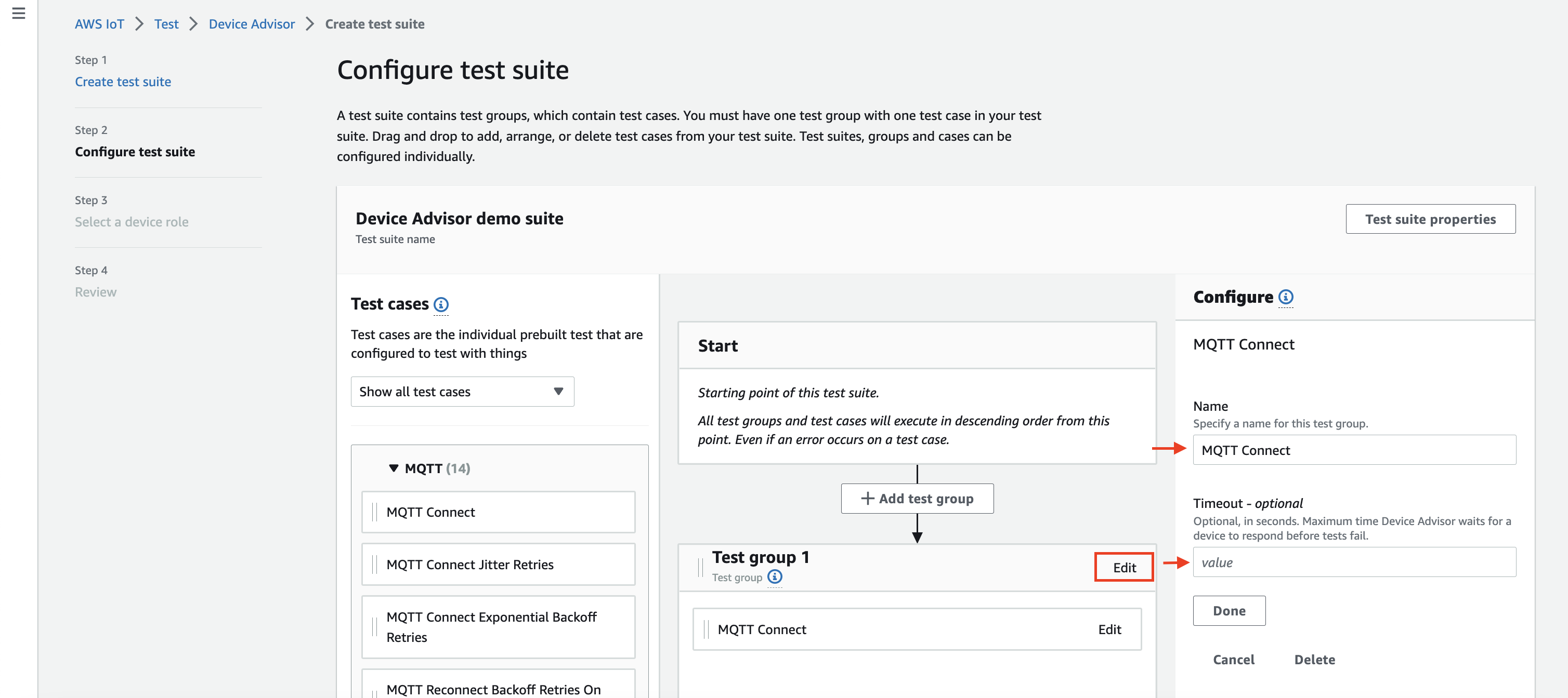 Interfaz de configuración del conjunto de pruebas con opciones para configurar grupos de pruebas, casos de prueba, ajustes de tiempo de espera y puntos de partida para la ejecución del conjunto de pruebas.