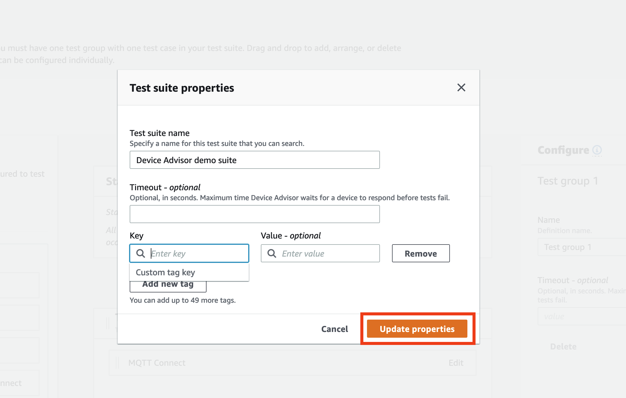 Ventana titulada «Propiedades del conjunto de pruebas» que muestra los campos para especificar el nombre del conjunto de pruebas, el tiempo de espera y las etiquetas personalizadas de un conjunto de demostraciones de Device Advisor.