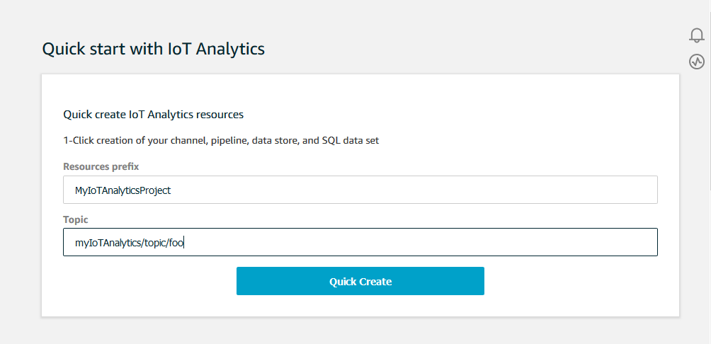 La función de inicio rápido de la AWS IoT Analytics consola.