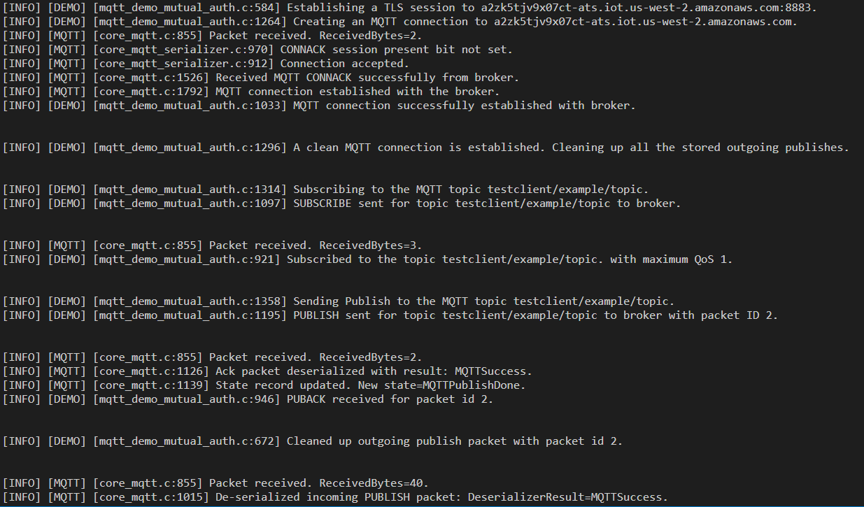 Salida de línea de comandos para ejecutar la aplicación de AWS IoT Device SDK para Embedded C muestra.