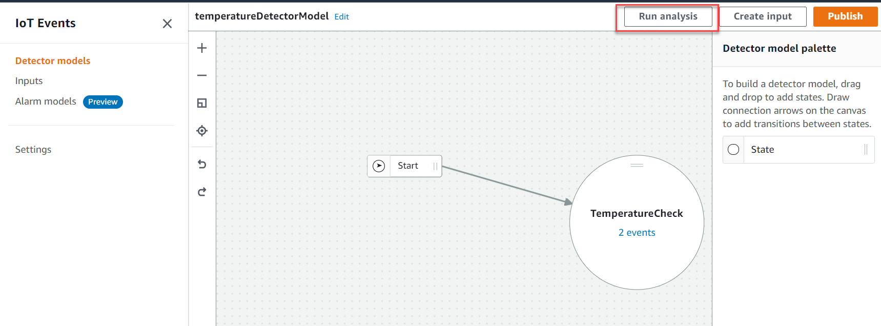 Captura de pantalla de cómo analizar modelos de detectores en la consola de AWS IoT Events .