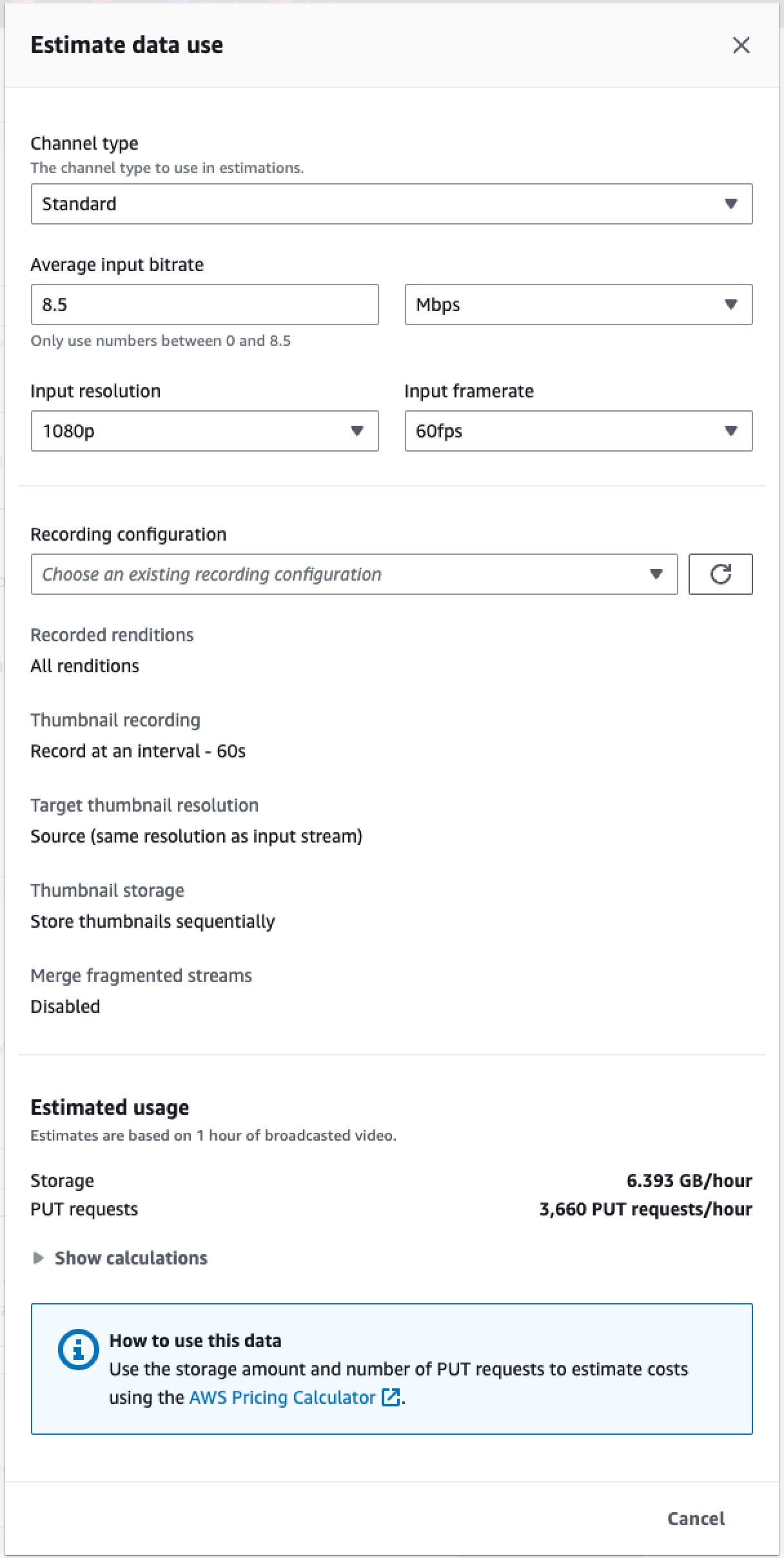 Seleccione Estimate data use (Estimar uso de datos) para mostrar la calculadora de uso de datos.