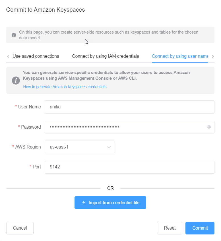 Captura de pantalla de la consola que muestra una conexión a Amazon Keyspaces utilizando credenciales específicas del servicio.