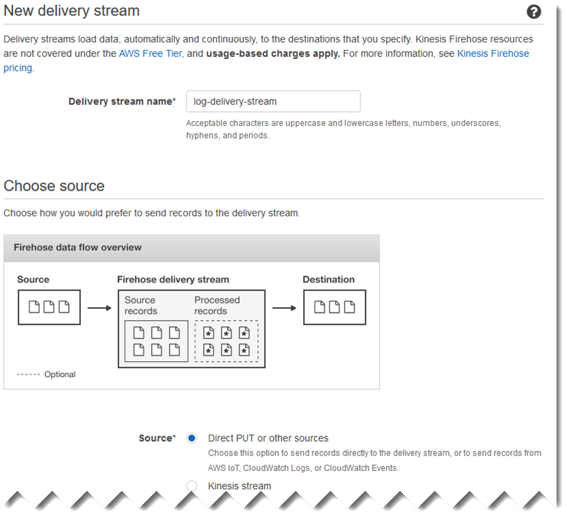 Instantanata en la que se muestra cómo se especifica un origen al crear una secuencia de entrega de Kinesis Data Firehose de Kinesis.