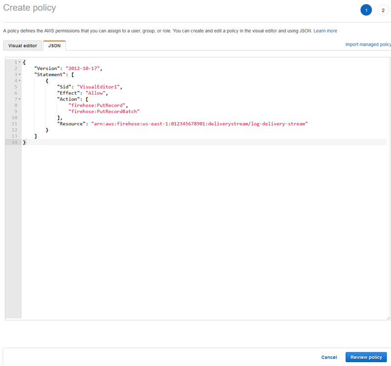 Instanten la que se muestra cómo crear una política de IAM para Kinesis Data Firehose.