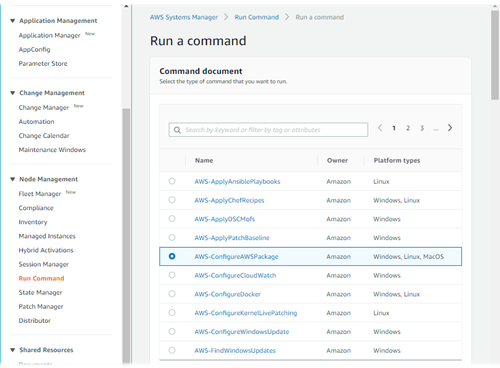 Seleccione el documento AWS-ConfigureAWSPackage de.