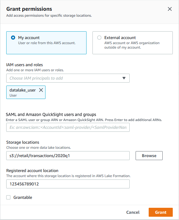 En el cuadro de diálogo para conceder permisos, están seleccionados el usuario datalake_user y la ubicación de almacenamiento s3://retail/transactions/q119.