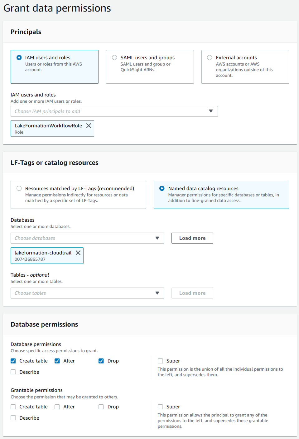 El cuadro de diálogo Conceder permisos de datos muestra las selecciones descritas en el texto. El cuadro de diálogo está dividido en 3 secciones, en vertical: Entidades principales, Etiquetas LF o recursos del catálogo y Permisos de bases de datos.