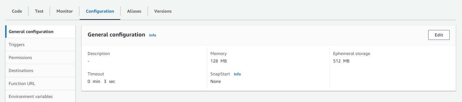 La pestaña Configuración de la consola de Lambda.