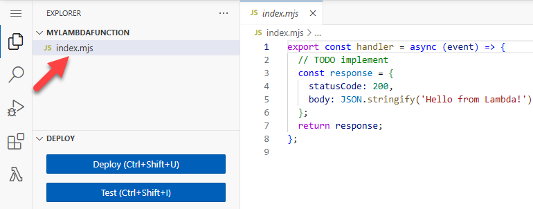 Diagrama que muestra el editor de código de la consola y el archivo index.mjs en el explorador de archivos