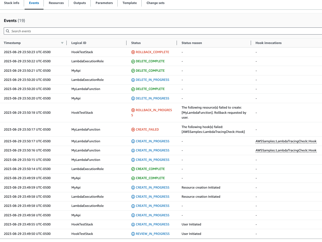 Hook success/fail information in the AWS CloudFormation console