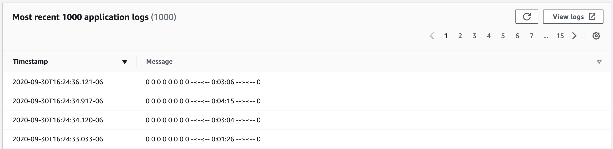 Los Most recent 1000 application logs (1000 registros de aplicaciones más recientes).