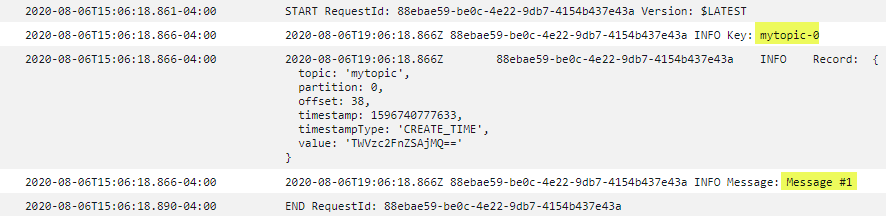 Un evento de registro en CloudWatch que muestra la información del evento extraída por el código proporcionado.