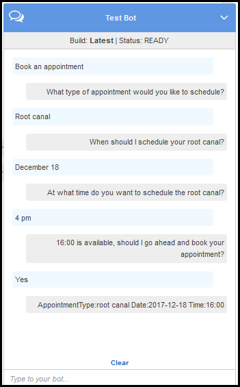 Una conversación con un agente en la que este solicita el tipo, la fecha y la hora de la cita y, a continuación, confirma los detalles de la cita.