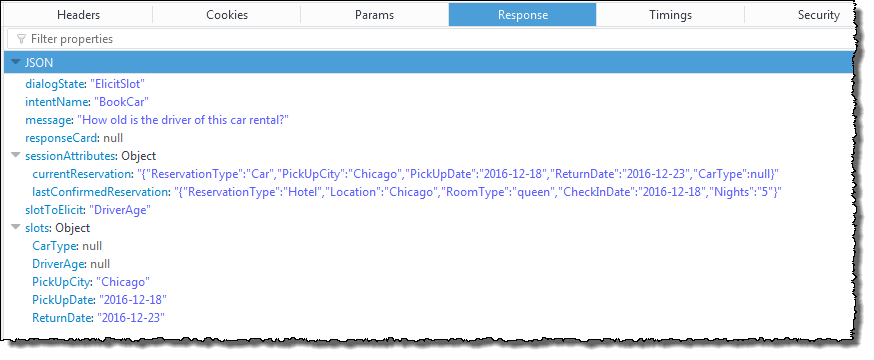 Respuesta en formato JSON que indica la intención de reservar un automóvil y un mensaje en el que se obtiene la ranura para la edad del conductor.