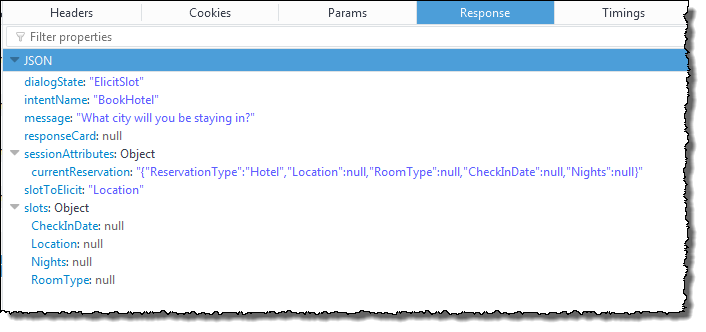 La respuesta en formato JSON, que contiene el estado del diálogo, el nombre de la intención, el mensaje, la tarjeta de respuesta, los atributos de la sesión, la ranura a obtener y las ranuras.