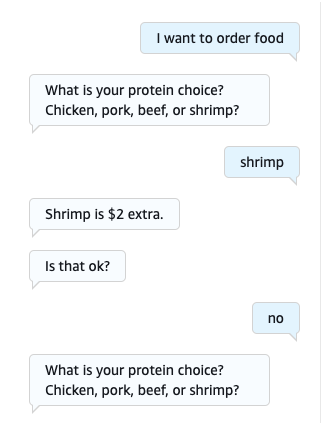 Una conversación para conocer las preferencias de carne de un cliente para un pedido de comida.