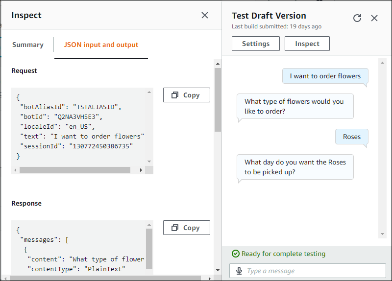 La ventana de prueba que muestra las estructuras JSON utilizadas en una conversación con un bot.