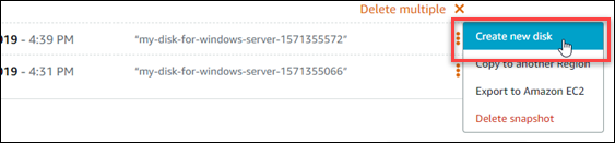 Cree un disco nuevo a partir de instantáneas en la página de inicio de Lightsail.