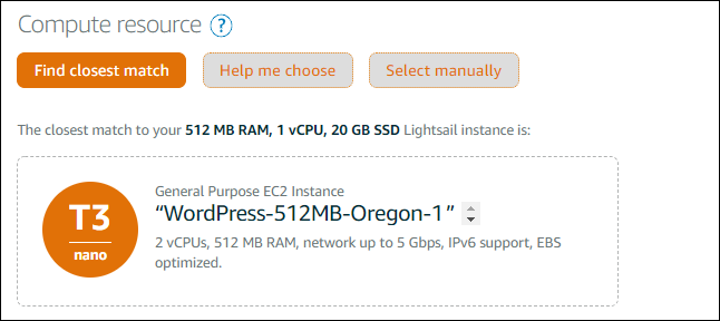 Opciones de los recursos de informática en la página Crear una instancia de Amazon EC2.