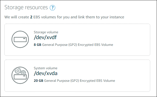 Recursos de almacenamiento en la página Crear una instancia de Amazon EC2.