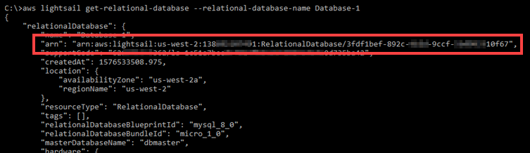 Una base de datos ARN en los GetRelationalDatabase resultados.