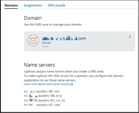 Los servidores de nombres de DNS zonas de la consola de Lightsail.