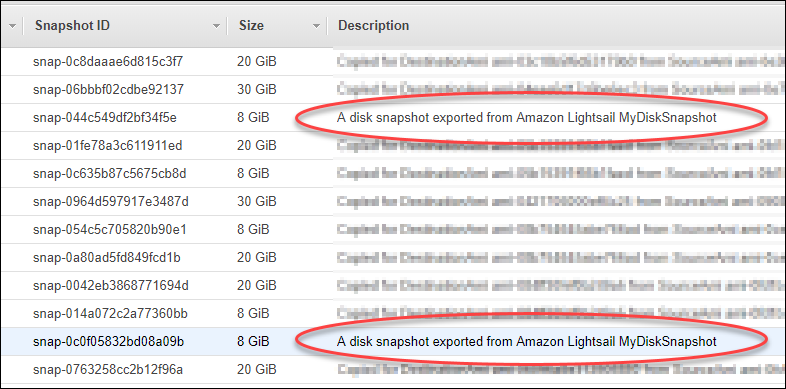 Instantáneas de EBS en la consola de Amazon EC2.