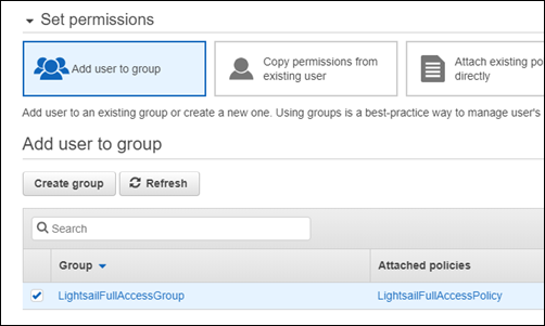 Agregue un usuario a un grupo en la consola de IAM.