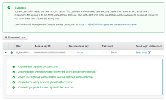 Confirmación de que se ha creado correctamente un usuario de IAM.
