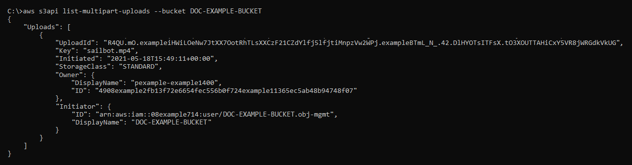 Resultado del comando list-multipart-uploads
