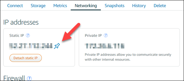 Pestaña Networking (Redes) de la página de administración de la instancia