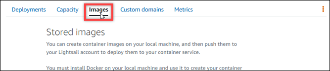 Pestaña Imágenes en la página de administración de servicios de contenedores de la consola Lightsail