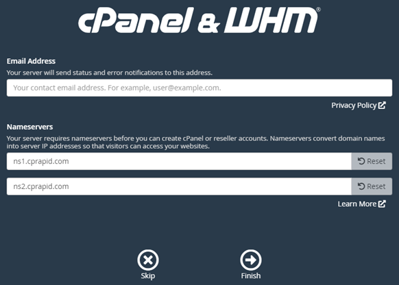 Configuración de la dirección de correo electrónico y del servidor de nombres de cPanel