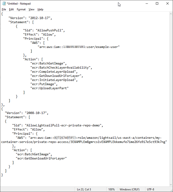 Ejemplo de archivo JSON de declaración de política completa