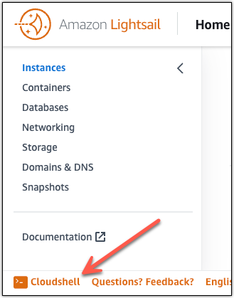 AWS CloudShell en la barra de herramientas de la consola Lightsail.