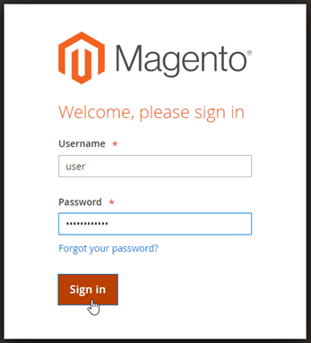 Página de inicio de sesión del panel de administración de Magento