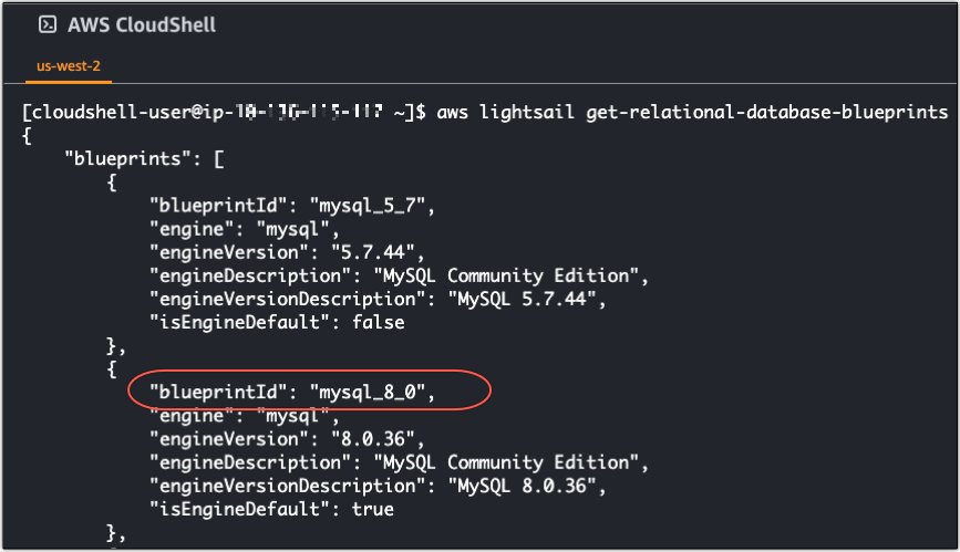 La respuesta del get-relational-database-blueprints comando de la CloudShell ventana.