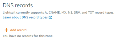 El editor de zonas DNS de la consola de Lightsail.