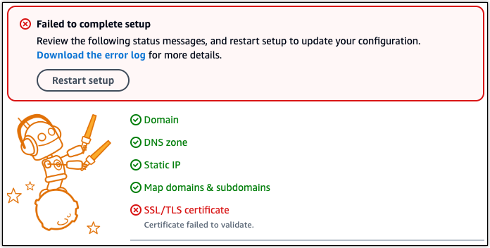 WordPress mensaje de error de configuración en la consola Lightsail.