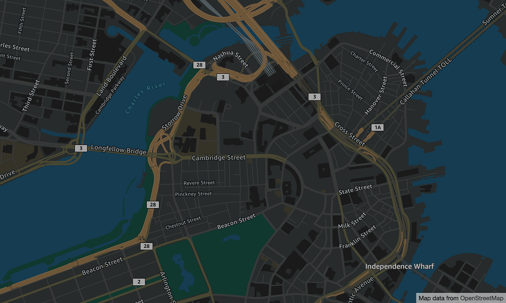 Map showing streets and landmarks in Boston area, including Longfellow Bridge and Charles River.