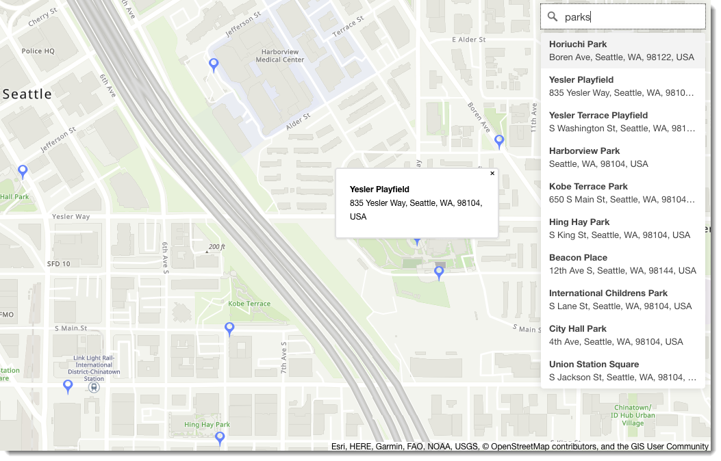 Ejemplo de estilo de mapa en una aplicación, que muestra los parques cartografiados en el centro de Seattle