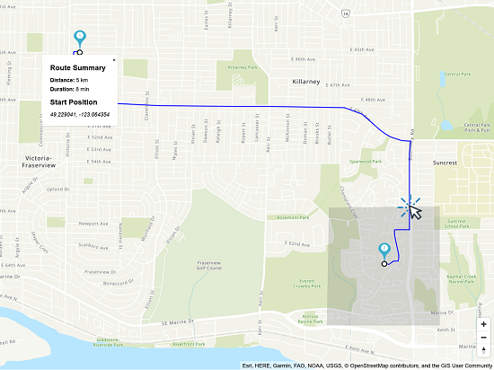 Map showing a 5 km route from Victoria Preschool to a destination near Suncrest Park.